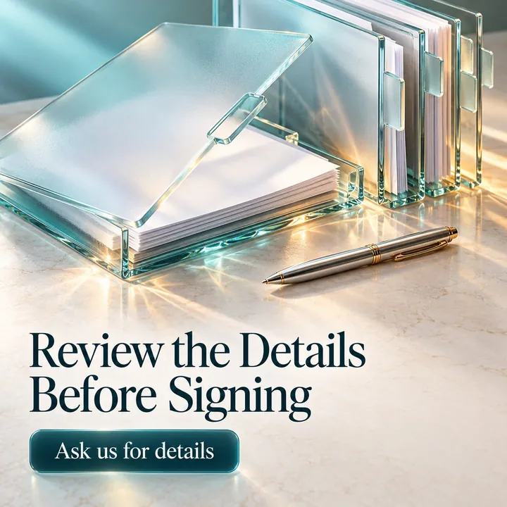A sample design for a made-up legal-document service: glass document trays and a pen, with the headline "Review the Details Before Signing".