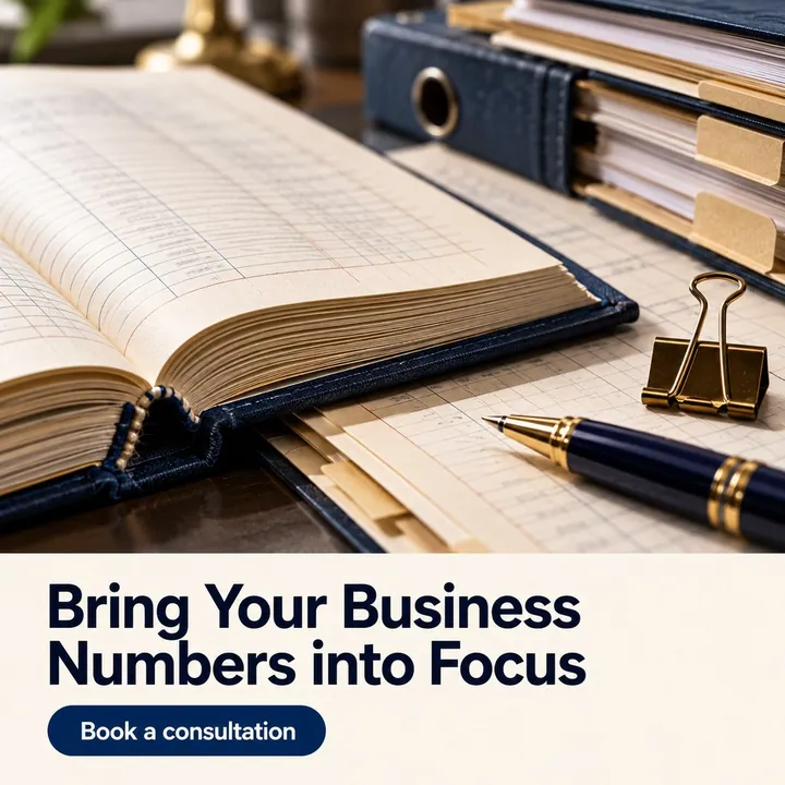 A sample design for a made-up CA practice: an open ledger and a pen on a desk, with the headline "Bring Your Business Numbers into Focus".