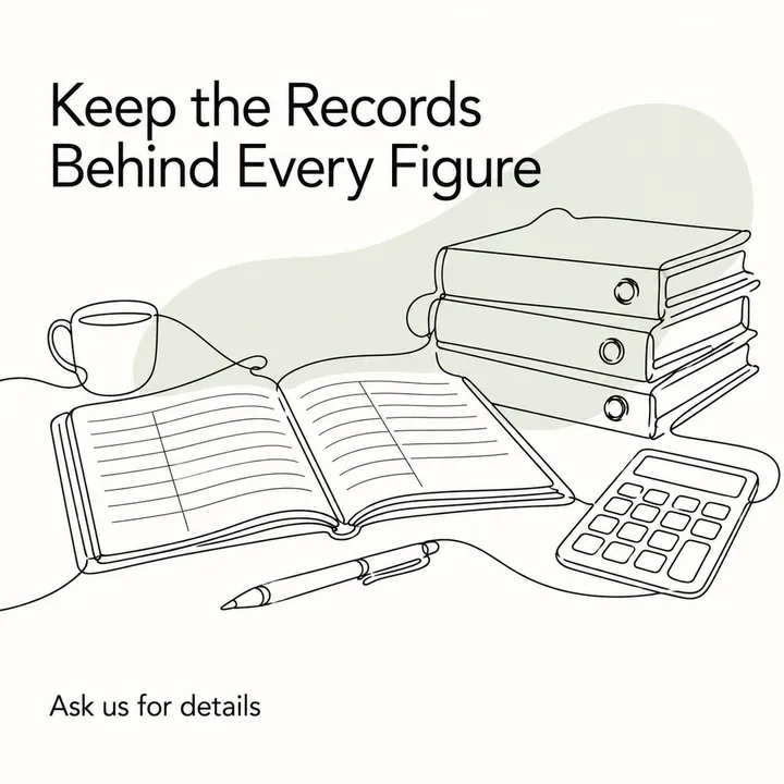 A sample line-drawing design for a made-up CA practice: ledgers, an open book and a calculator, with the headline "Keep the Records Behind Every Figure".