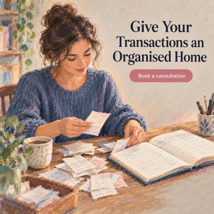 A sample design for a made-up bookkeeping service: a woman sorting receipts beside a ledger, with the headline Give Your Transactions an Organised Home