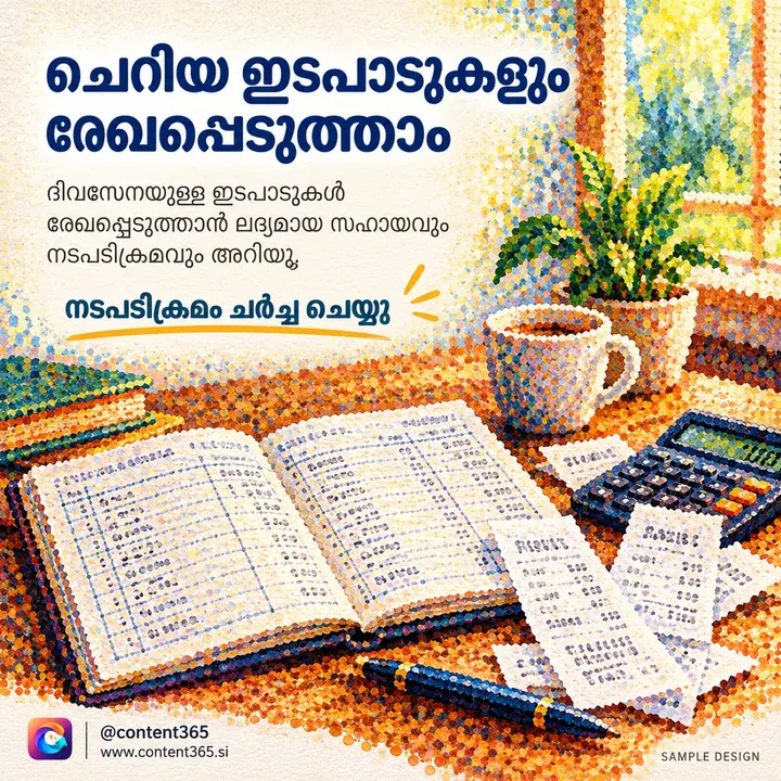 A bookkeeping post in Malayalam showing an open ledger, receipts and a calculator