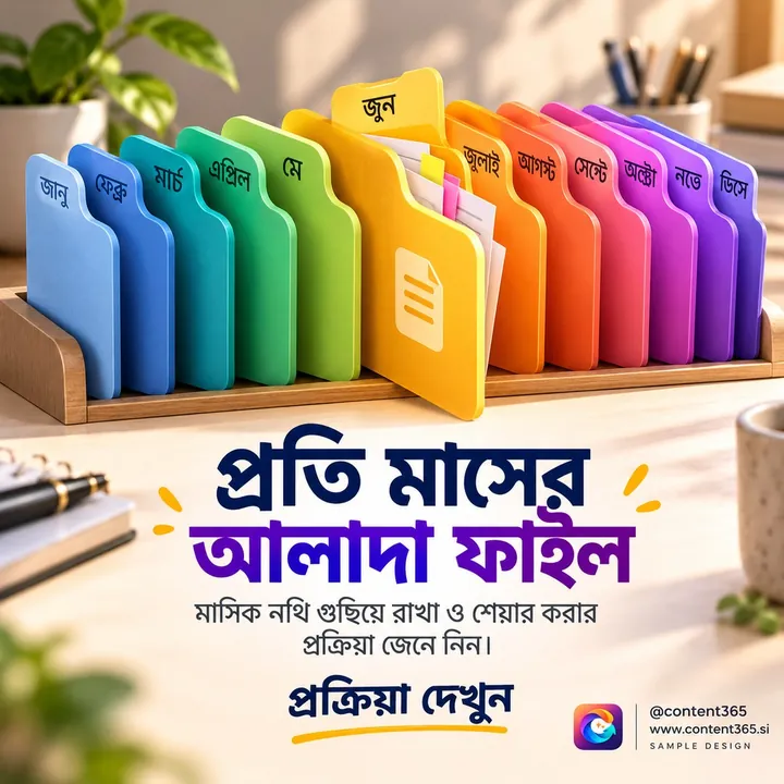A sample design for a made-up bookkeeping business: month-labelled folders in a row, with the Bengali headline A separate file for every month