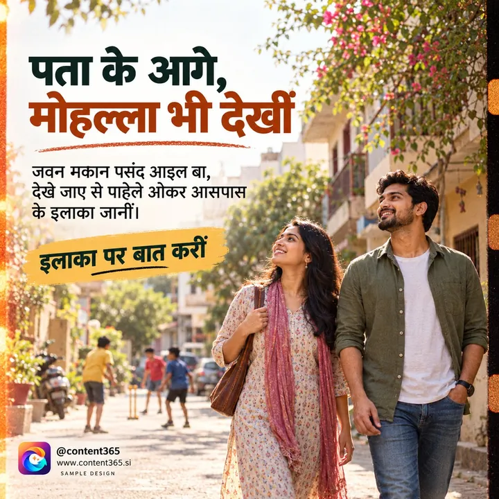A property post in Hindi showing a couple walking through a neighbourhood lane