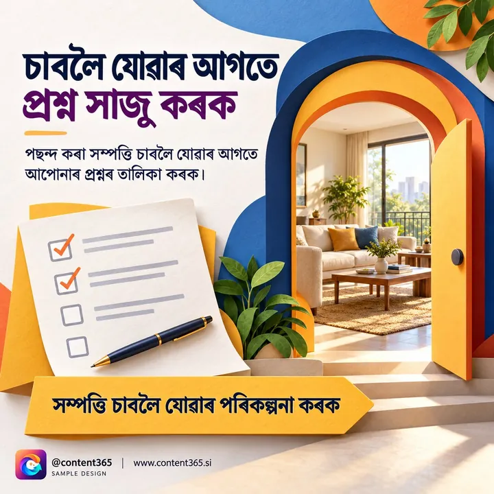 Sample design for a made-up property viewing service: a checklist and pen beside an open door, Assamese headline Prepare your questions before you visit