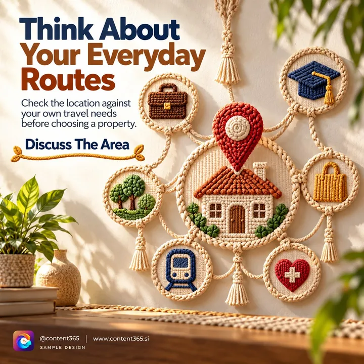 Sample design for a made-up locality advisory firm: macrame icons around a woven house, headline Think About Your Everyday Routes