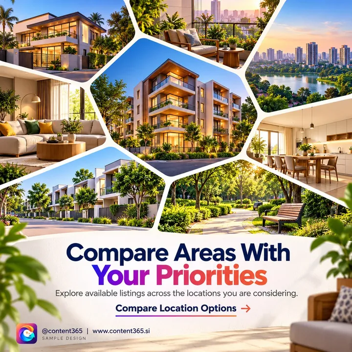 Sample design for a made-up real estate agency: a collage of apartments, a lake skyline and a park, headline Compare Areas With Your Priorities