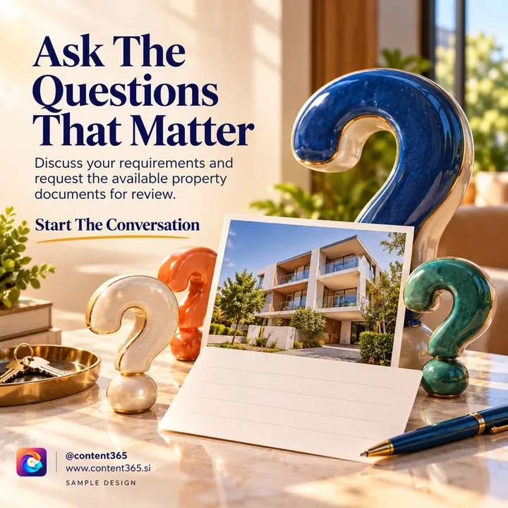 Sample design for a made-up real estate advisory: ceramic question marks, house keys and an apartment photo, headline Ask The Questions That Matter