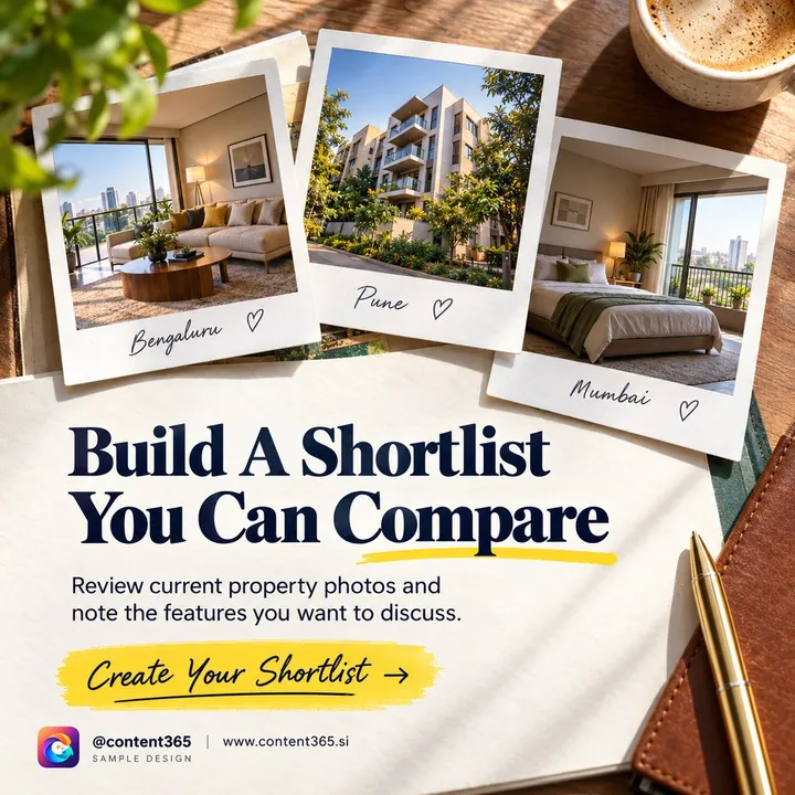 Sample design for a made-up shortlisting service: three instant photos of a living room, apartment block and bedroom, headline Build A Shortlist You Can Compare