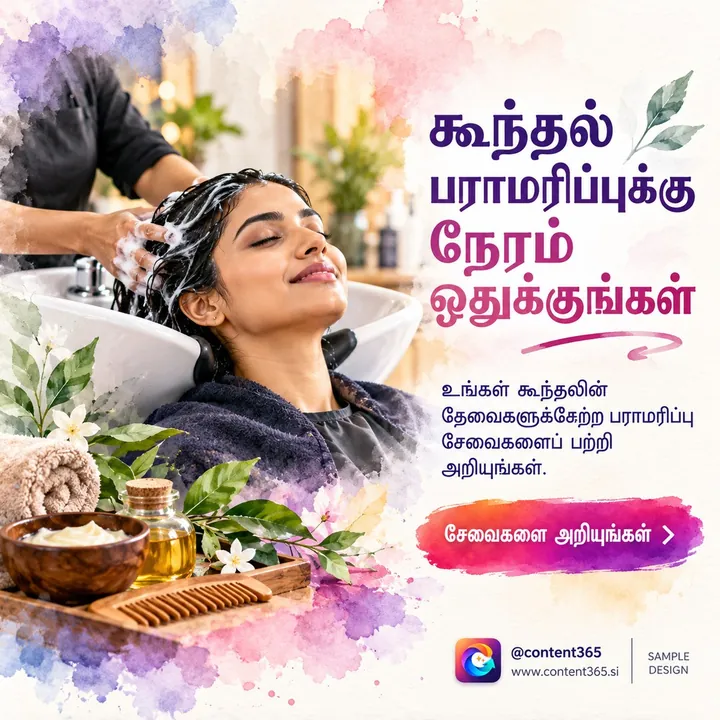 A woman relaxing at a salon hair-wash basin beside flowers and oils, a sample design for a made-up hair spa salon; Tamil headline: Make time for hair care