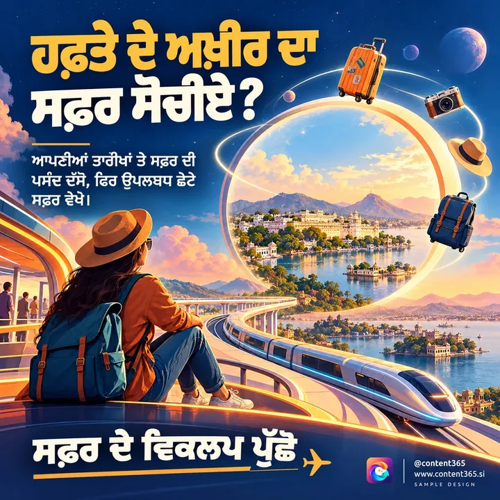 A travel agency post in Punjabi showing a traveller with suitcases looking out over a lake city