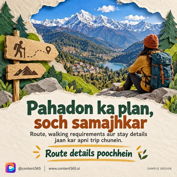 Paper-craft snowy peaks, a valley lake and a hiker, a sample design for a made-up hill trip planner; Hinglish headline: A thoughtful plan for the hills